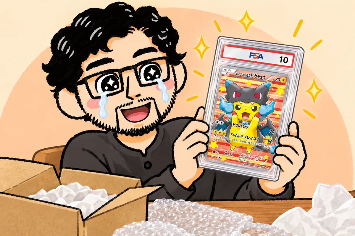 届いたPSA10のポンチョを着たピカチュウのカードを手に、うれし泣きする筆者のイラスト